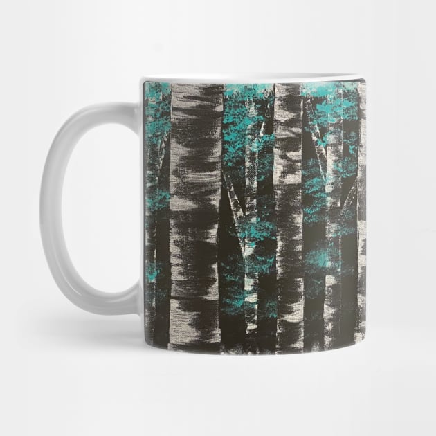 Black and White Birch Trees with Teal Leaves by J&S mason